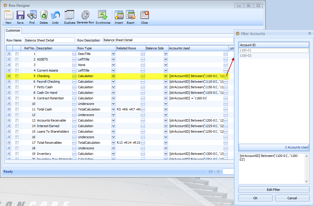 Financial Report Designer > How to use Filter Accounts and Editor