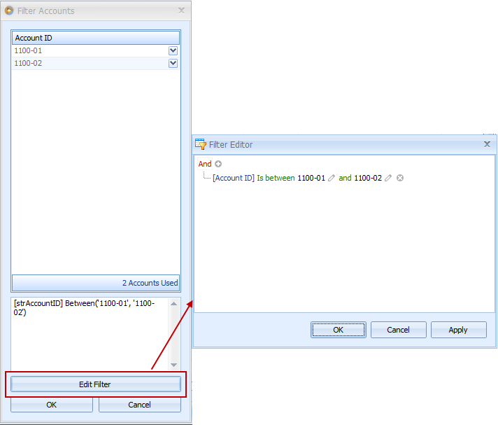 Financial Report Designer > How to use Filter Accounts and Editor