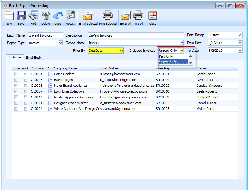 Reports > Filter Paid and Unpaid Invoices in Batch Report Processing