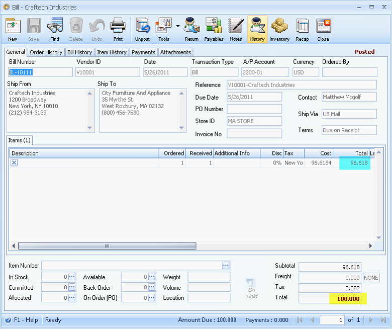 Posted Tax on Bill Batch Entry form2