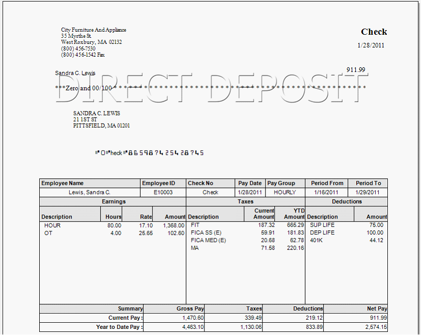 Payroll Print Direct Deposit Paycheck