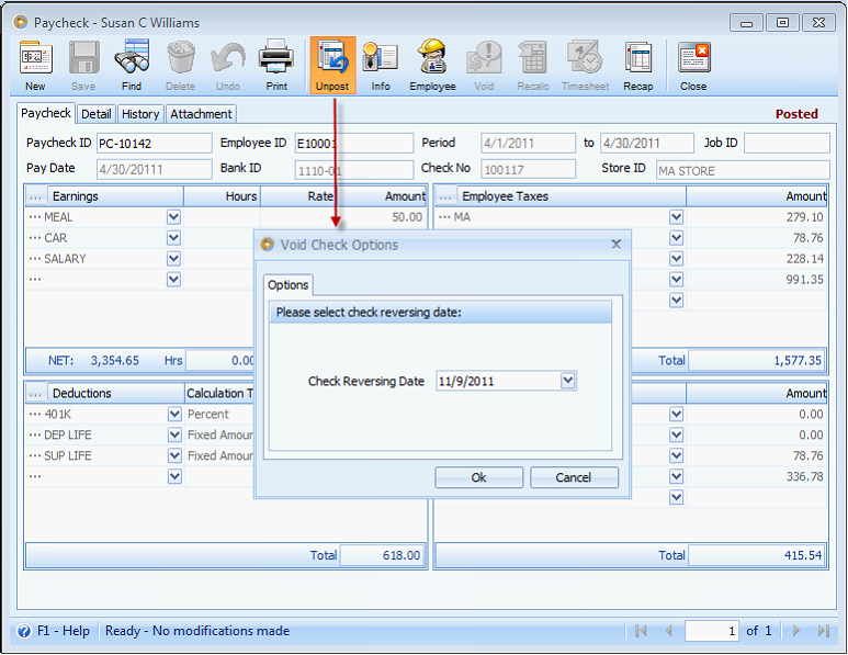 Payroll > Voiding Paycheck when Enable check reversal for voiding